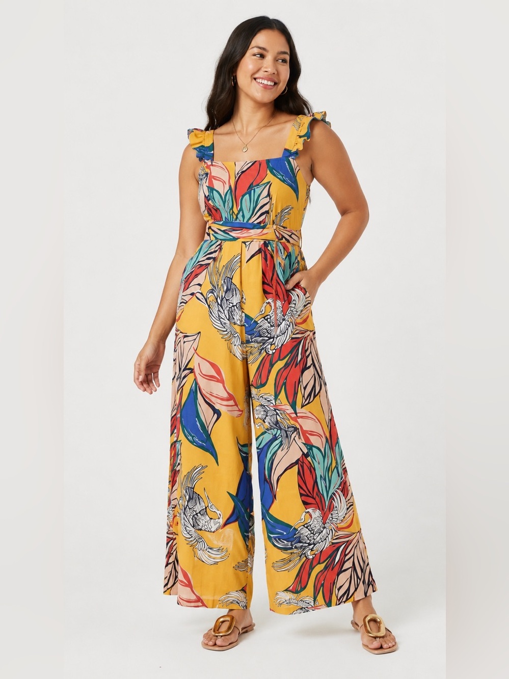 Bel Kazan Evie Wide Leg Jumpsuit Tropical Swan Print Organic Cotton XL